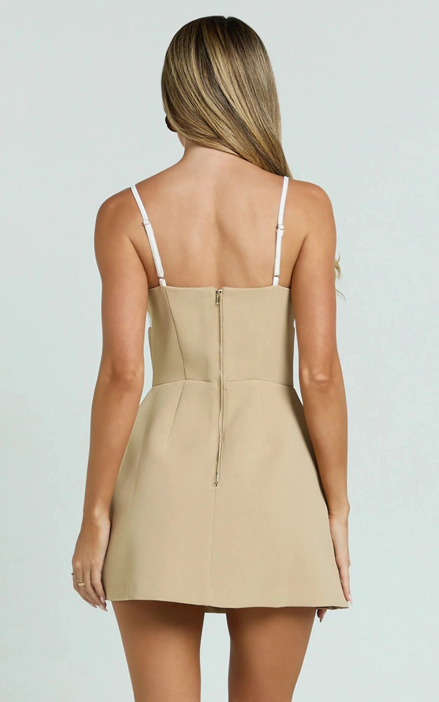 Simona Mini Dress Strapless Contrast Neck Tulip Skirt Dress in Beige