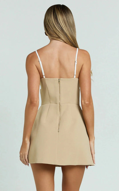 Simona Mini Dress Strapless Contrast Neck Tulip Skirt Dress in Beige