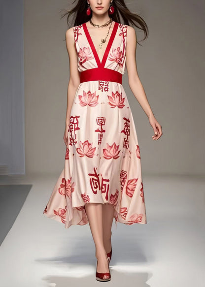 Fashion Apricot V Neck Print Chiffon Long Dress Sleeveless