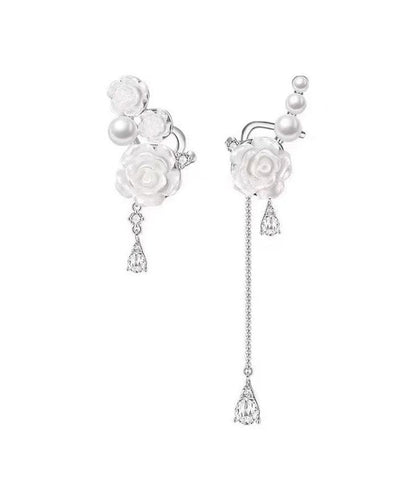 DIY White Copper Zircon Asymmetrical Rose Pearl Tassel Drop Earrings