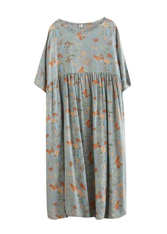 Elegant Grey O-Neck Patchwork Print Half Sleeve Summer Long Dress