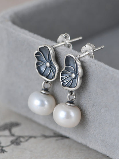 Vintage S925 Silver Women Lotus Leaf Earrings