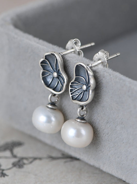 Vintage S925 Silver Women Lotus Leaf Earrings