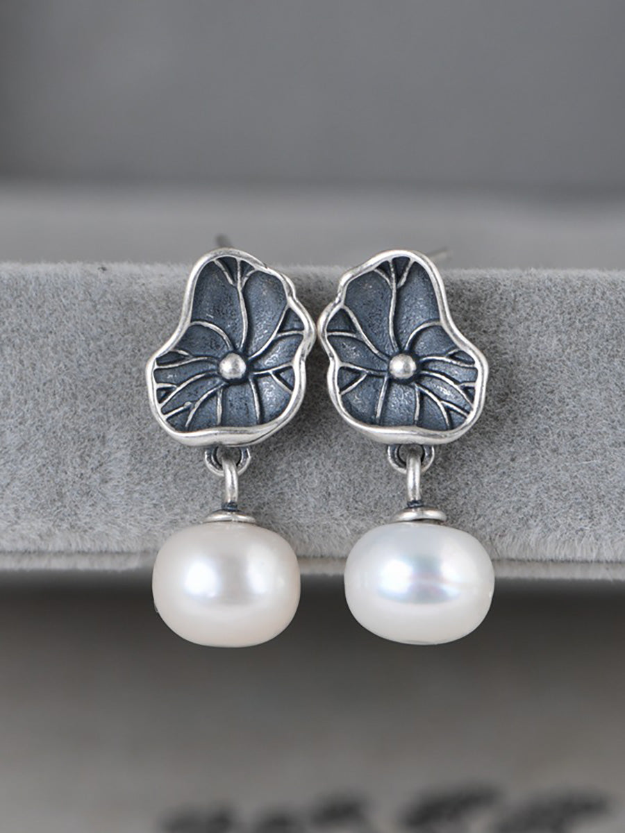 Vintage S925 Silver Women Lotus Leaf Earrings