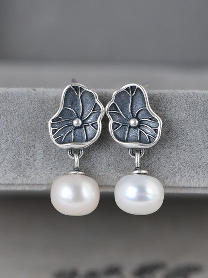 Vintage S925 Silver Women Lotus Leaf Earrings