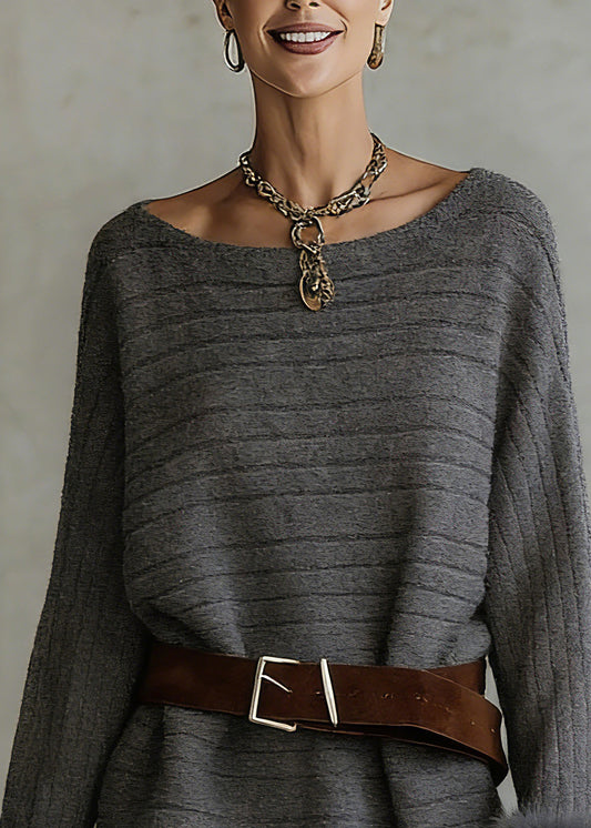 Stylish Grey Slash Neck Striped Cotton Knit Sweater Spring