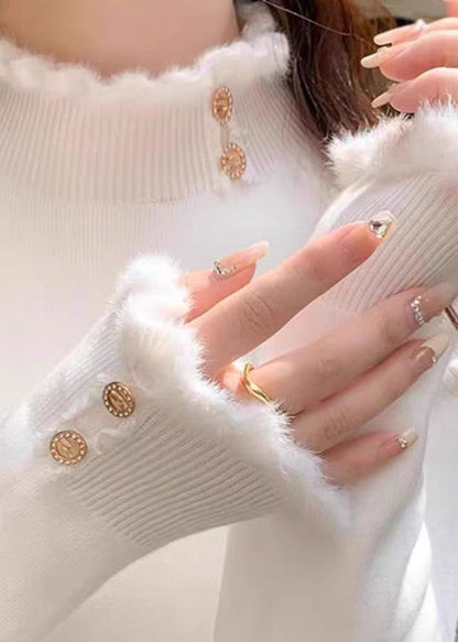 Organic White Turtleneck Ruffled Patchwork Solid Cotton Knit Sweater Spring