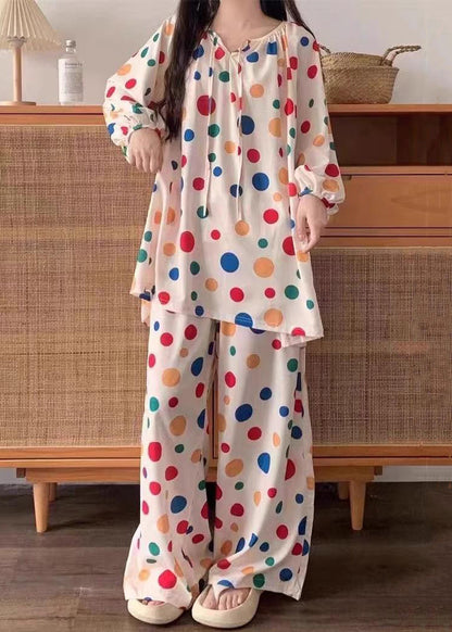 Stylish Dot Lace Up Cotton Tops And Pants Pajamas Two Pieces Set Fall