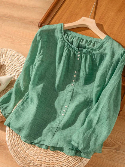Pure Color Crew Neck Long Sleeve Casual Linen Top