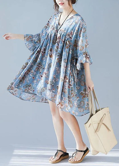 Plus Size Blue V Neck Loose Print Summer Chiffon Long Dresses Half Sleeve