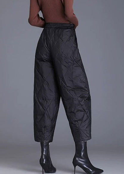 Black Plaid Solid Fine Cotton Filled Crop Pants Elastic Waist