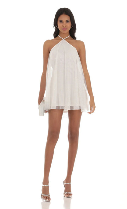 Shimmer Halter Shift Dress in White