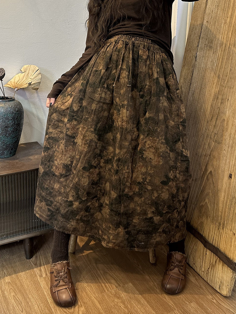 Winter Women Vintage Drawstring Print Cotton Skirt