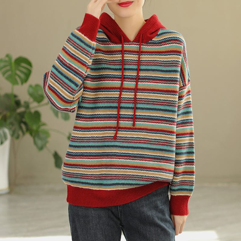 Spring Color Matching Stripe Knitted Hoodie