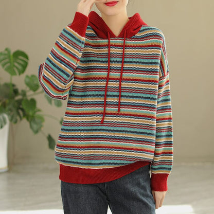Spring Color Matching Stripe Knitted Hoodie