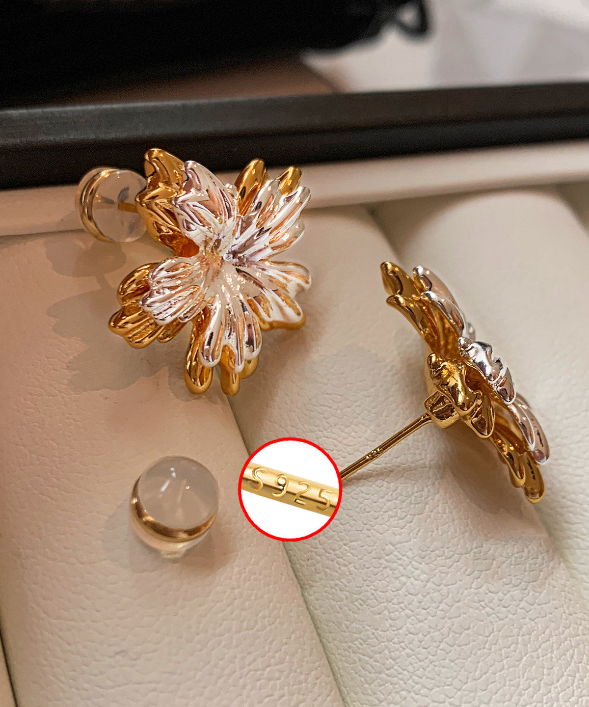 Women Golden And Silvery Flower Shape Metal Stud Earrings