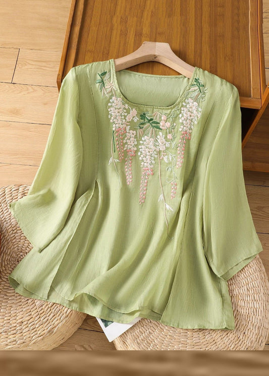 Loose Pink Embroidered Solid Linen T Shirt Bracelet Sleeve