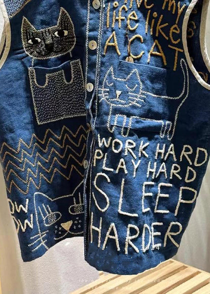 Vintage Navy Embroideried Linen Beach Vest Sleeveless