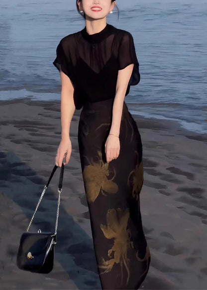 Italian Black Lace Up Tops And Print Skirts Chiffon Two Pieces Set Summer