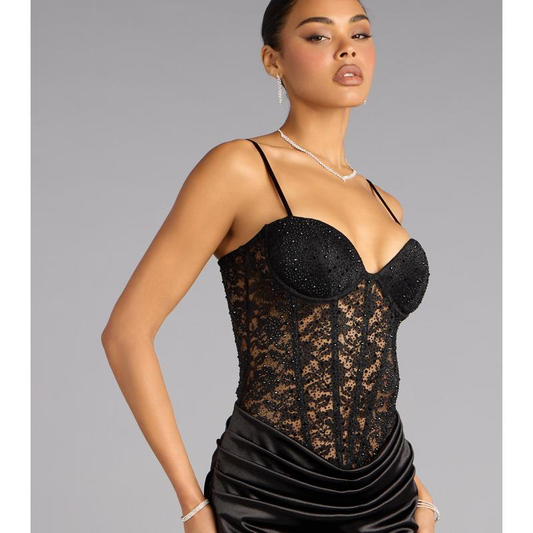 Black Lace Rhinestone Corset Satin Mini Dress | Sexy Club Bodycon Dress