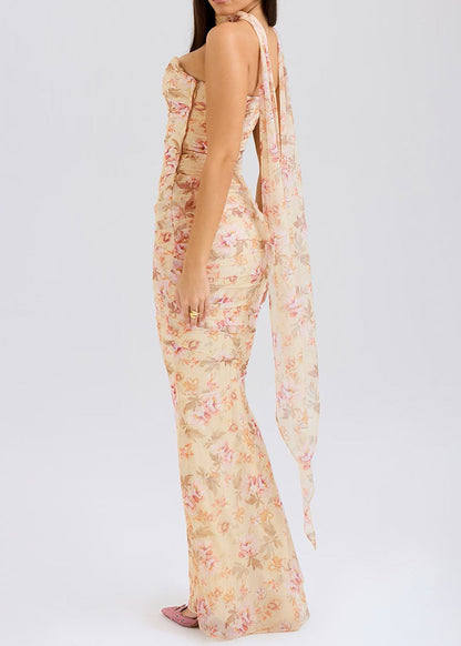 DIY Khaki Cold Shoulder Print Tulle Vacation Wraped Dresses Summer