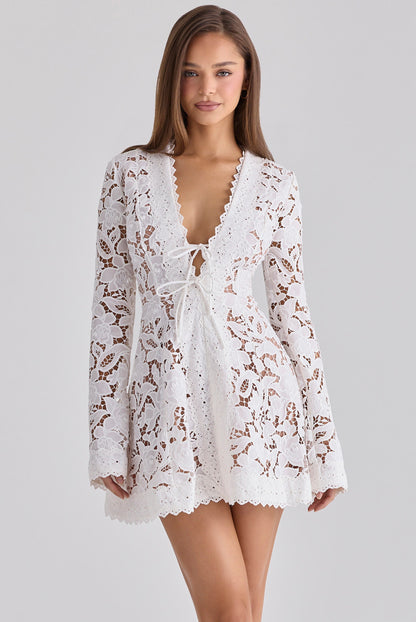 V-Neck Tie-Front Flare Sleeve Lace Fit-and-Flare Mini Dress