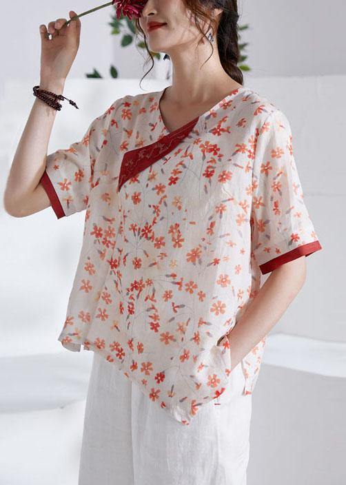 Red V-Neck Asymmetrical Design Print Summer Ramie Shirt Tops Short Sleeve