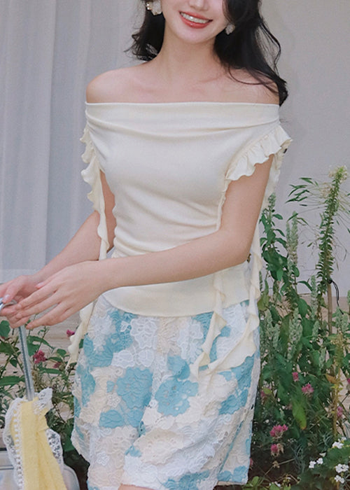 Apricot Ruffled Solid Cotton T Shirt Top Slash Neck