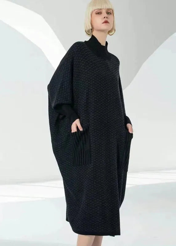 Elegant Coffee Turtle Neck Patchwork Pockets Wool Sweater Dress Long Sleeve