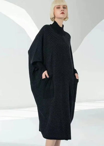 Elegant Coffee Turtle Neck Patchwork Pockets Wool Sweater Dress Long Sleeve
