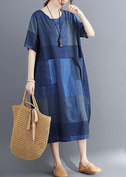 Plus Size Corron Linen Red O Neck Plaid Summer Maxi Dresses