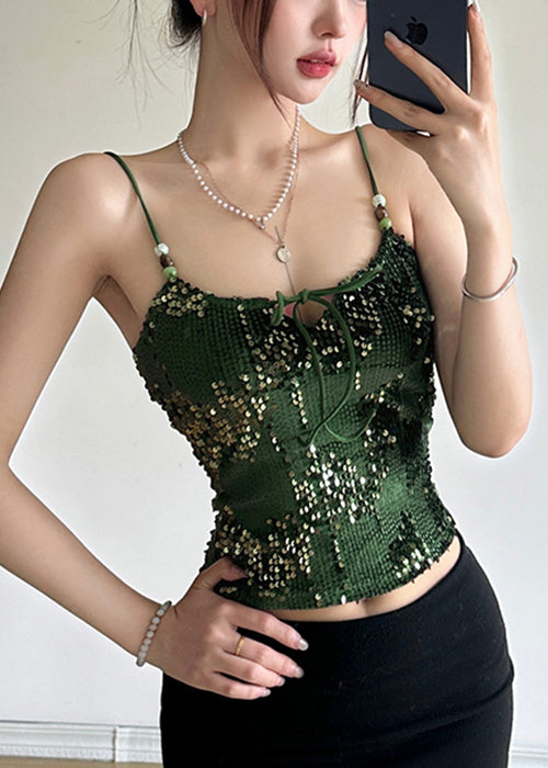 Chic Green Lace Up Sequins Spaghetti Strap Tank Sleeveless