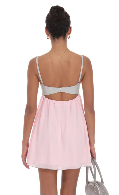 Two Toned Striped Babydoll Dress in Pink