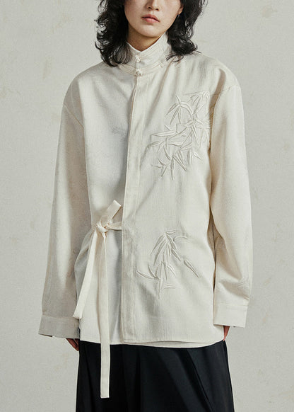 Chinese Style Beige Stand Collar Button Shirt Fall