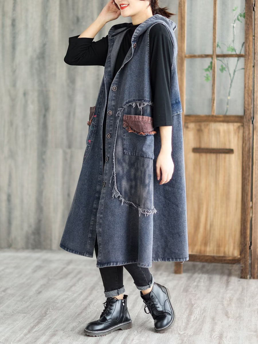 Women Vintage Patchwork Button Pocket Hooded Denim Vest