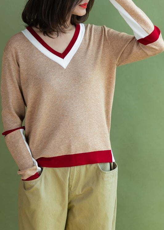 Chunky khaki knit blouse casual v neck sweaters side open