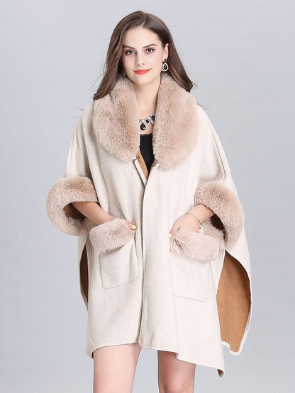 Poncho Knitwear Women Faux Fur Coat Shawl Collar Sweaters