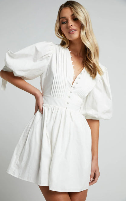 Zandra Mini Dress - Puff Sleeve Poplin Dress In White