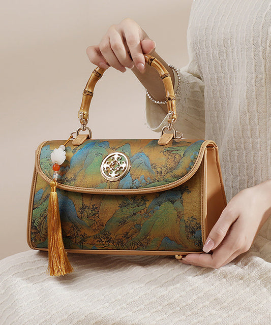 New Chinese Style Tassel Print Calf Leather Tote Bag