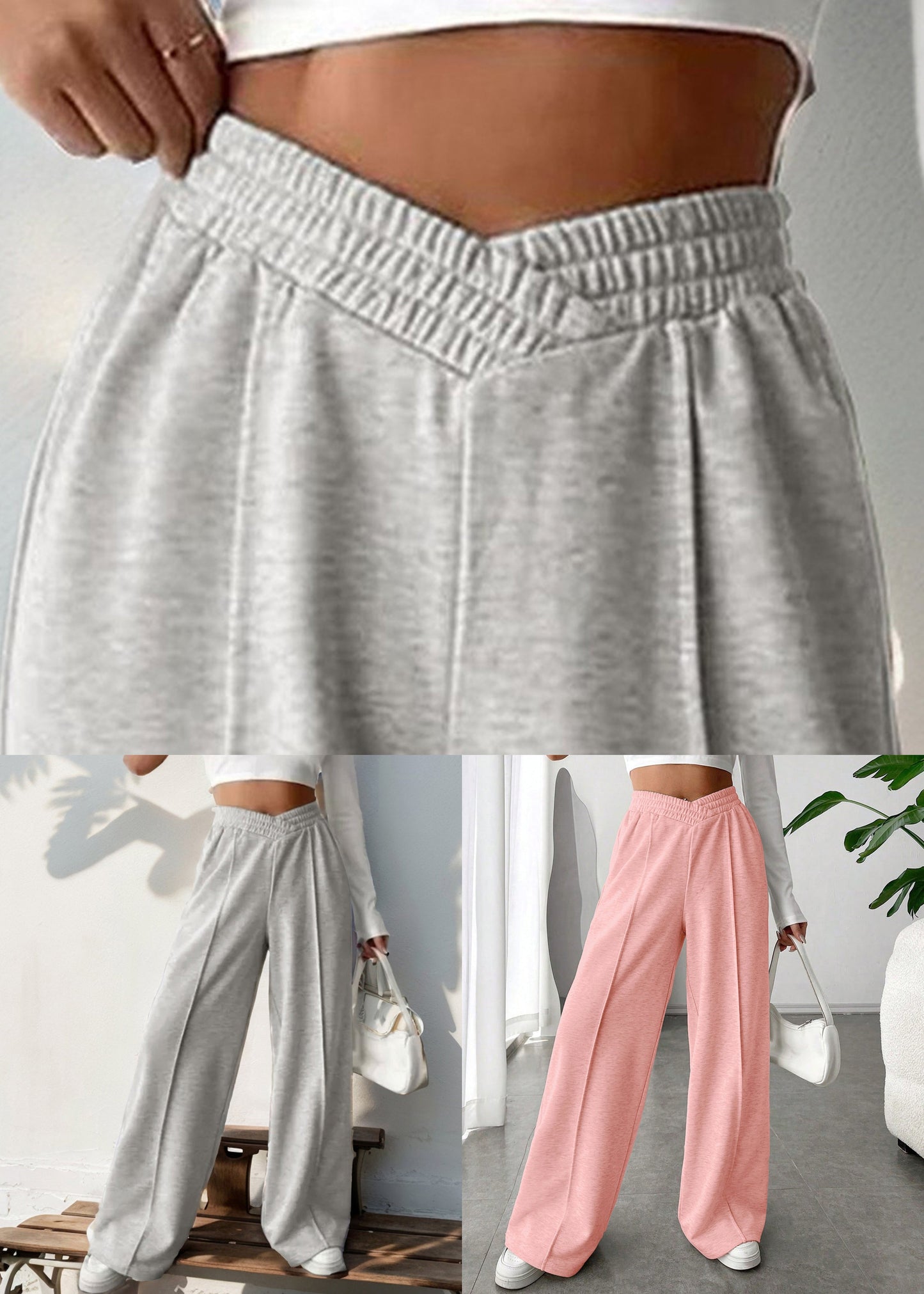 Loose Light Grey Elastic Waist Solid Cotton Pants Spring