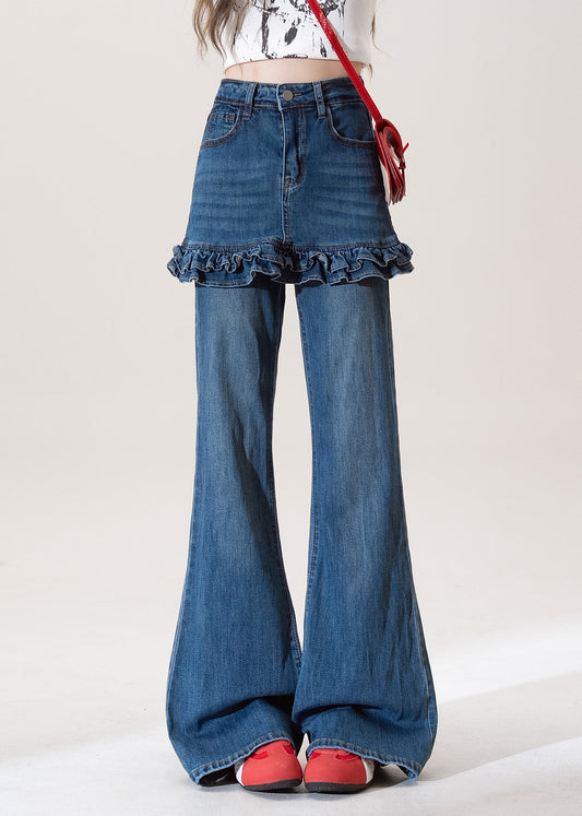 Chic Blue Ruffled Pockets Patchwork Denim Flared Trousers Fall
