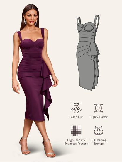 Elegant Sweetheart Neck Ruffle Midi Bandage Dress