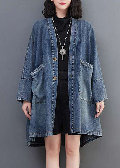 Plus Size Blue V Neck Pockets Denim Coats Fall