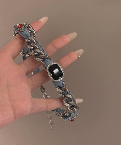 Women Denim Blue Metal Denim Crystal Chain Collar Necklace