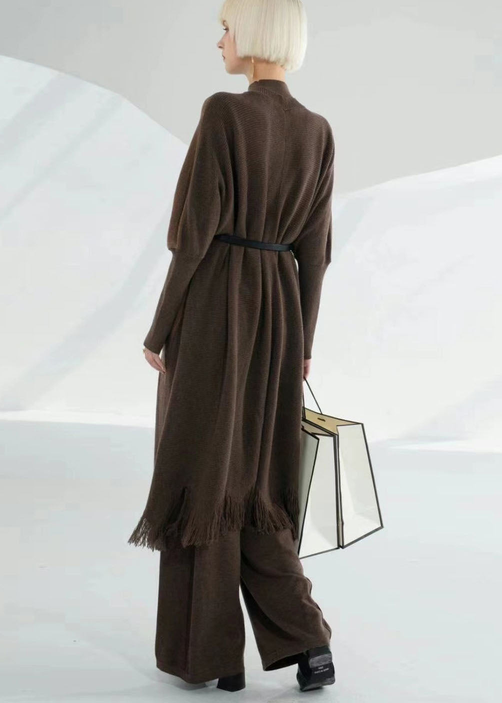 French Dark Coffee V Neck Patchwork Tassel Wool Knit Cardigans Long Sleeve