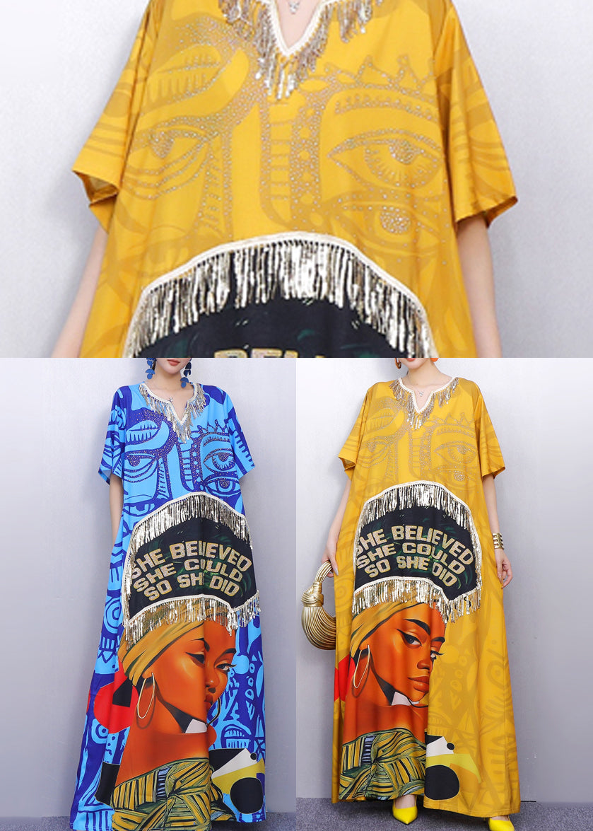 Casual Yellow Tasseled Print Cotton Maxi Dress Summer