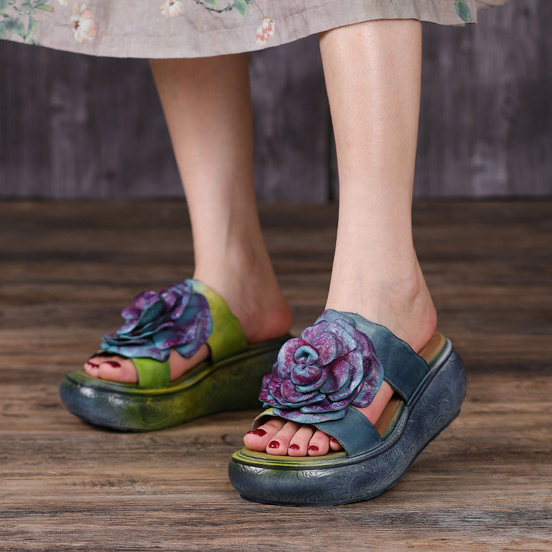 Women 2022 Vintage Leather Floral Platform Slippers