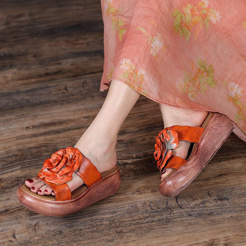 Women 2022 Vintage Leather Floral Platform Slippers