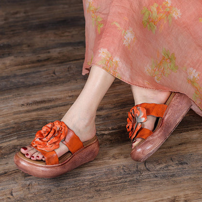 Women 2022 Vintage Leather Floral Platform Slippers