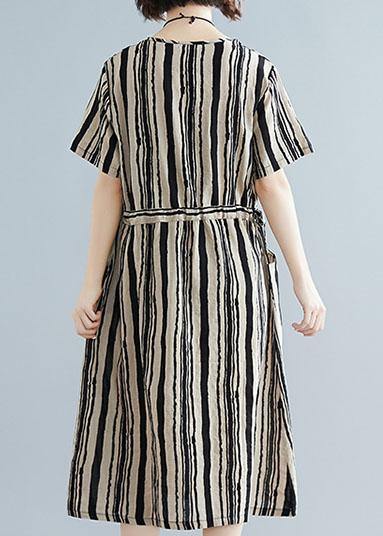 DIY o neck drawstring dress Sewing black striped Dresses summer